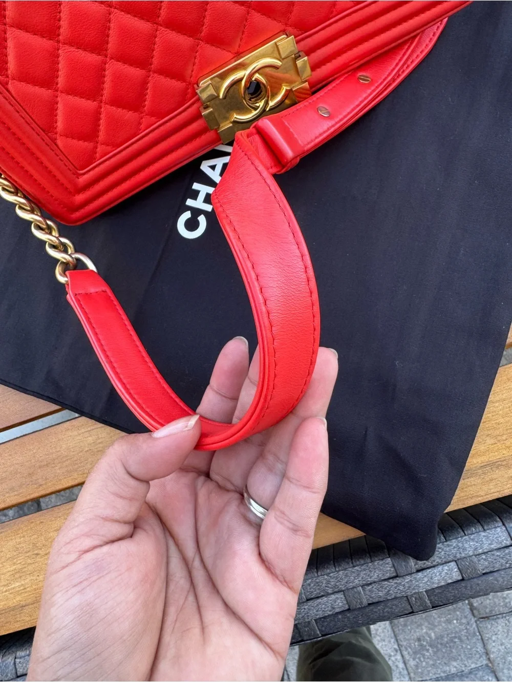 CHANEL Red Quilted Boy Shoulder Bag with Gold Hardware